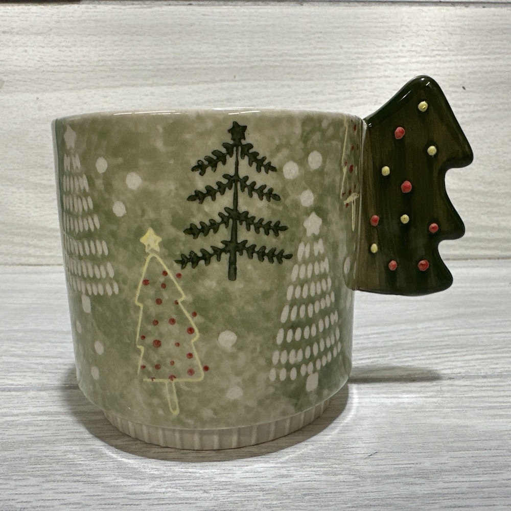 EVERGREEN Holiday Christmas Tree Handle Ceramic Coffee 3.5x3.75"‎ Textured